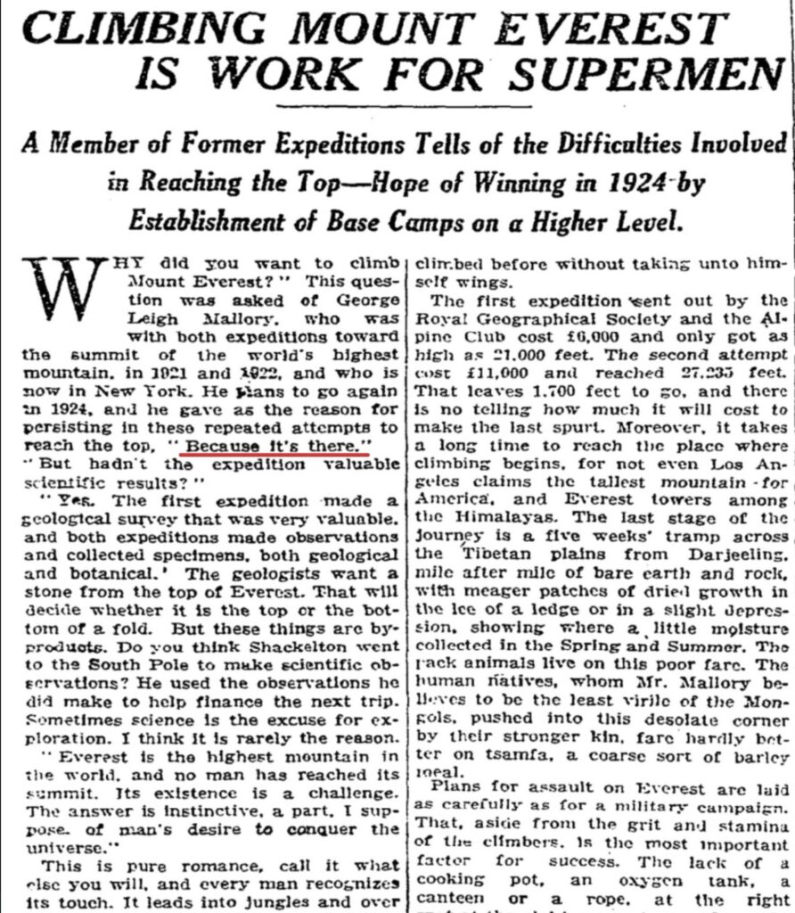 ジョージ・マロリーの「Because it’s there.（そこに山があるから）」という名言が掲載された、1923年のニューヨーク・タイムズ紙の記事。