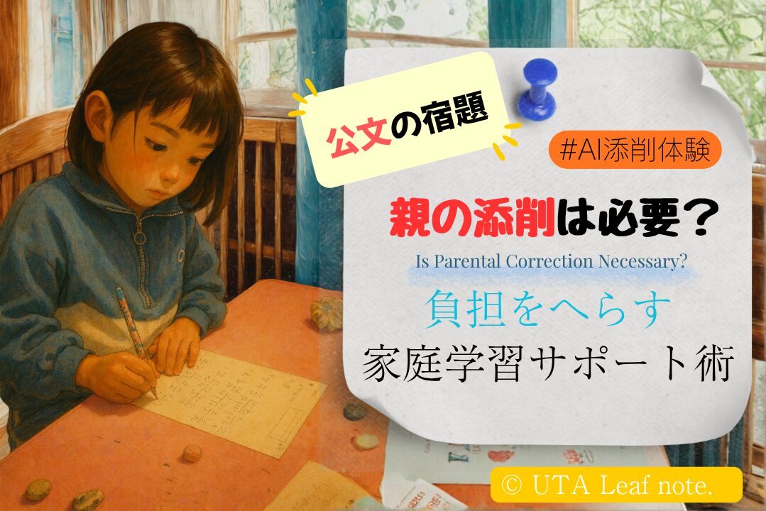 （AI添削体験あり）公文の宿題に取り組む子どもの写真と、「親の添削は必要？ 負担をへらす家庭学習サポート術」という文字を載せたアイキャッチ画像。公文の宿題をする子どもと、親の添削の必要性や家庭学習サポートについて伝える記事用アイキャッチ画像。