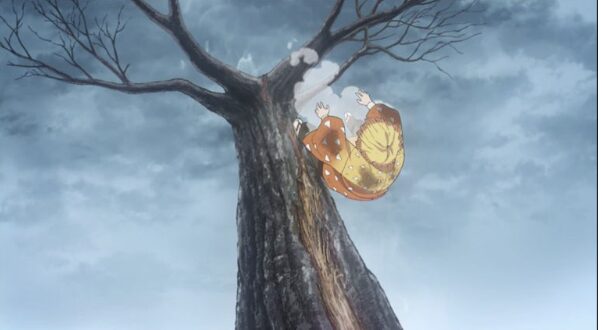 アニメ鬼滅の刃の我妻善逸が雷に打たれて木から落ちている様子