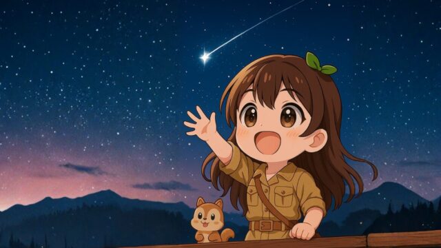 夜明けの空を見上げて流れ星を見つけ、喜ぶふたばちゃんのイラスト。朝の光に照らされて微笑む姿が印象的。