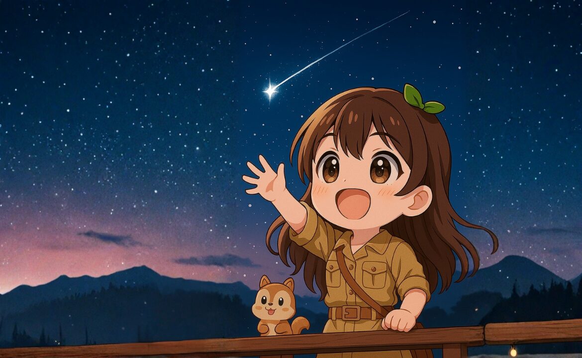 夜明けの空を見上げて流れ星を見つけ、喜ぶふたばちゃんのイラスト。朝の光に照らされて微笑む姿が印象的。