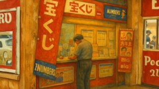 宝くじ売り場で男性が宝くじを購入している様子を描いたイラスト。夢を買う人々の現実的な光景を表している。