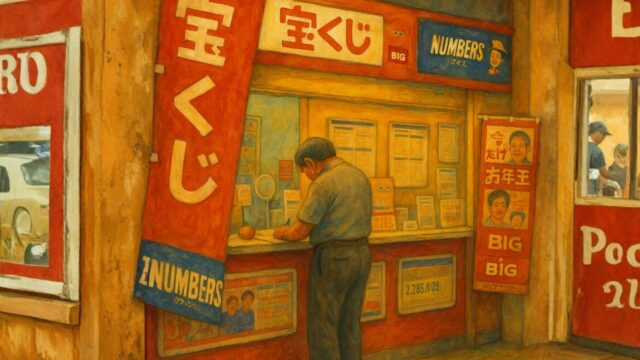 宝くじ売り場で男性が宝くじを購入している様子を描いたイラスト。夢を買う人々の現実的な光景を表している。