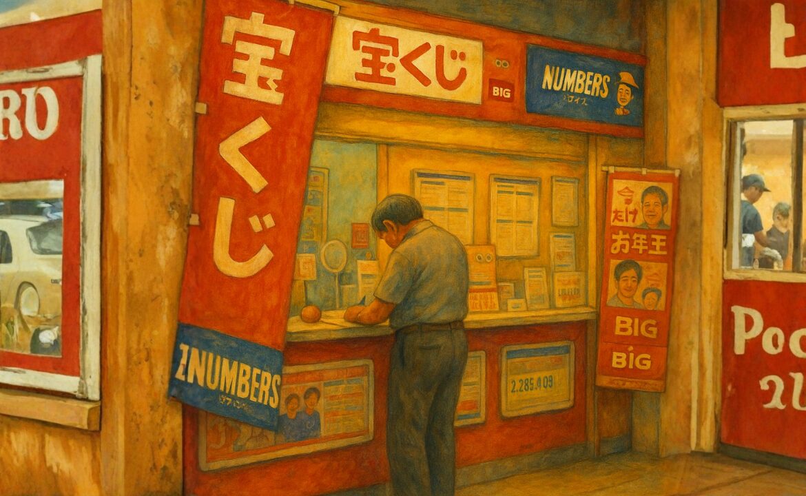 宝くじ売り場で男性が宝くじを購入している様子を描いたイラスト。夢を買う人々の現実的な光景を表している。