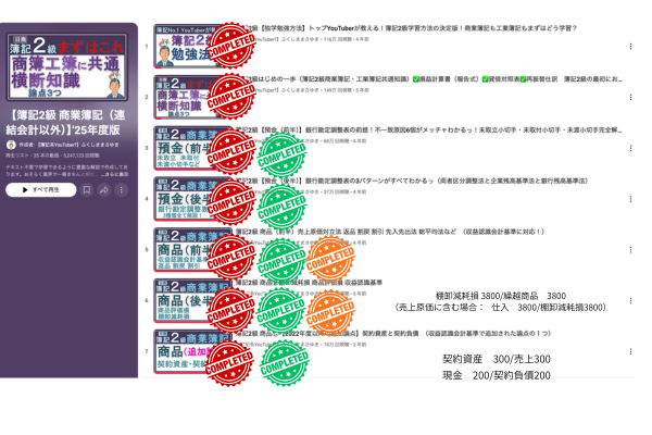 日商簿記2級 商業簿記・工業簿記の共通横断知識 前半の学習進捗。各講義に「COMPLETED」スタンプが入った進捗管理画像。
