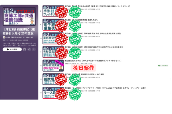 日商簿記2級 商業簿記・工業簿記 共通横断知識の中盤の学習進捗。リースや有価証券などの分野が含まれるスクリーンショット。
