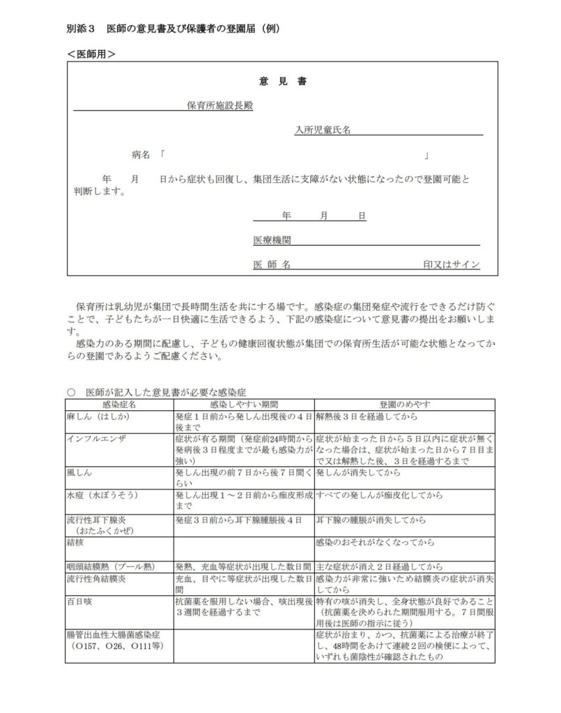 保育所で求められる医師の意見書（登園許可証）の記入例。インフルエンザや感染症からの回復を確認するための書類。