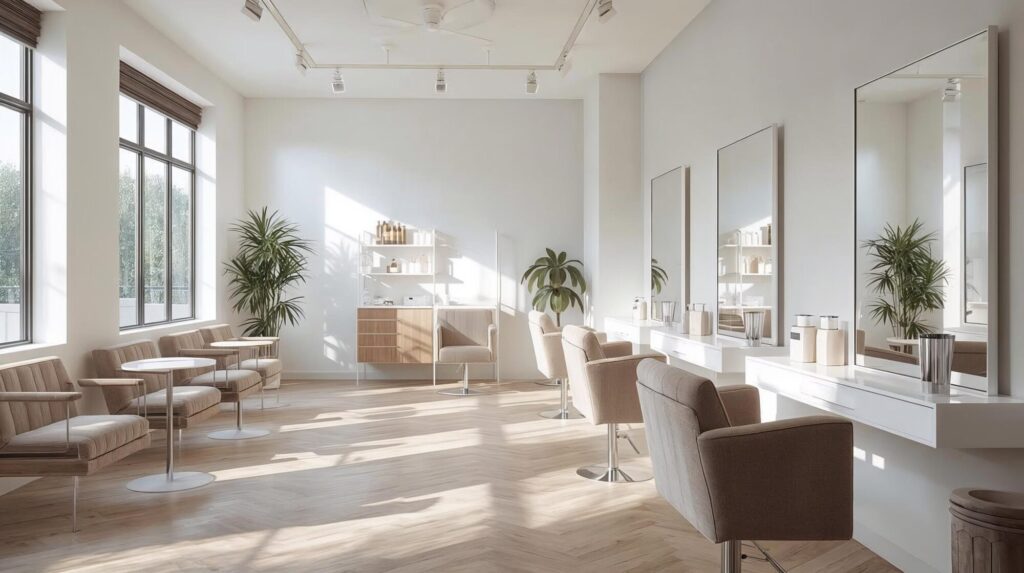 大きな窓から光が差し込む、明るく開放的で落ち着いた雰囲気の美容院の内観。ウィッグ利用者も安心して過ごせる空間。