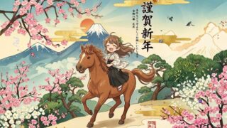 富士山と桜に囲まれた風景を馬に乗った少女が進む、初夢をイメージした正月イラスト