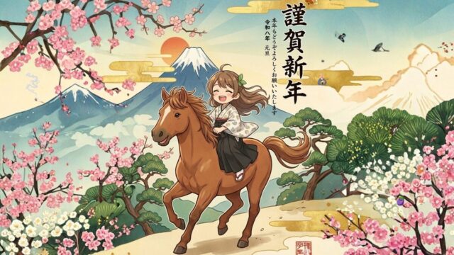 富士山と桜に囲まれた風景を馬に乗った少女が進む、初夢をイメージした正月イラスト