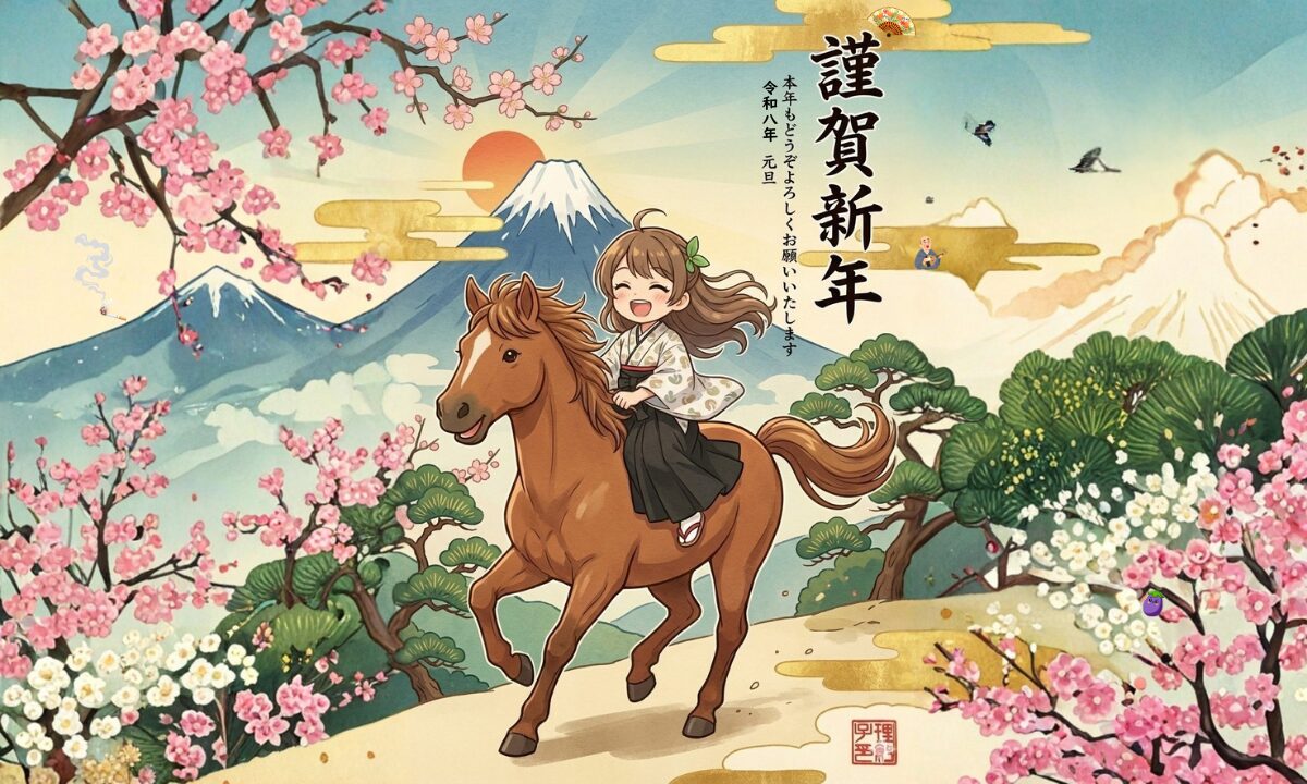 富士山と桜に囲まれた風景を馬に乗った少女が進む、初夢をイメージした正月イラスト