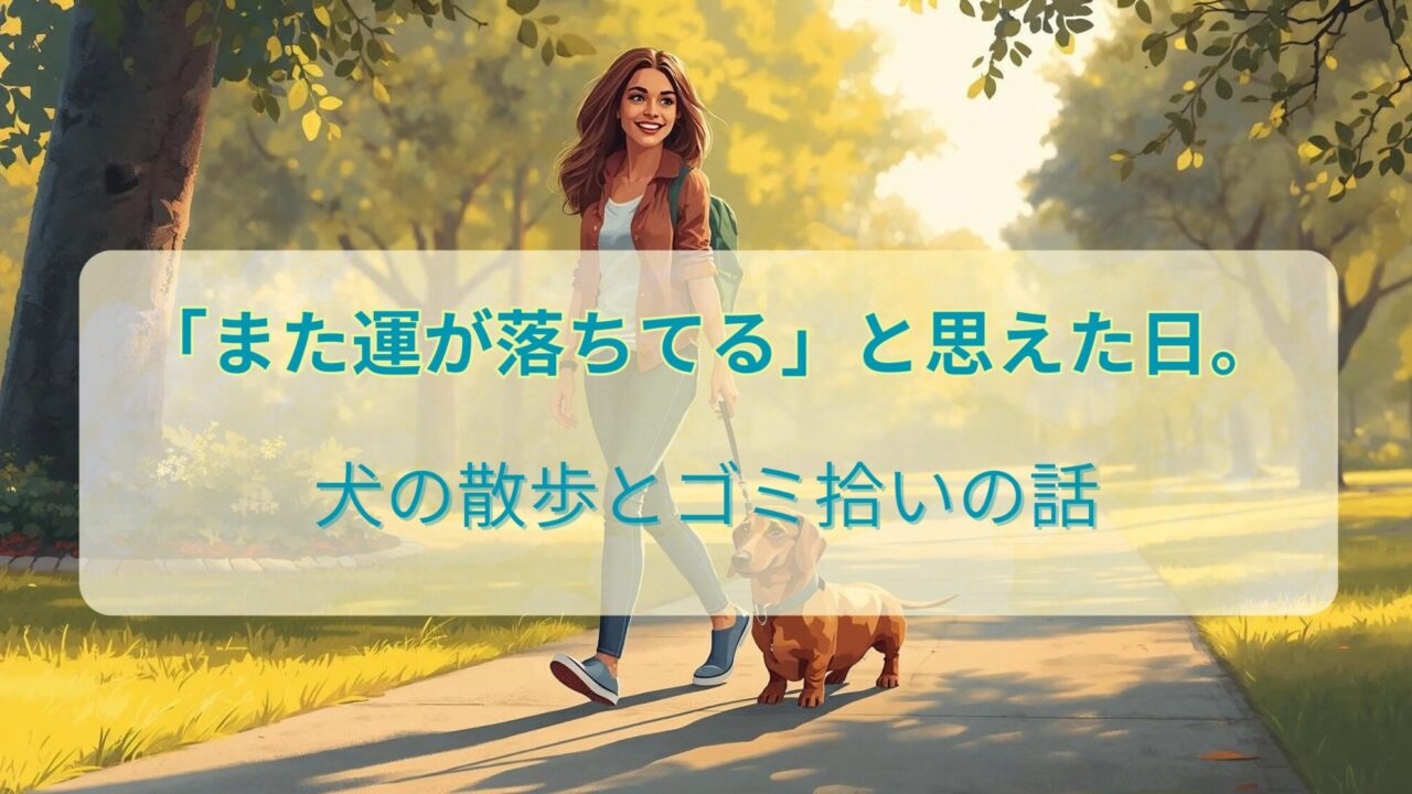 犬の散歩をしながら歩道を歩く女性と犬のイラスト。「また運が落ちてる」と思えた日というタイトルのブログアイキャッチ画像