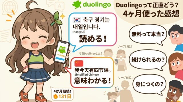 Duolingoを4か月使った感想を紹介するブログのアイキャッチ。無料で使えるのか、続けられるのか、身につくのかという疑問と、韓国語や中国語が少しずつ読めるようになった変化を表現している。