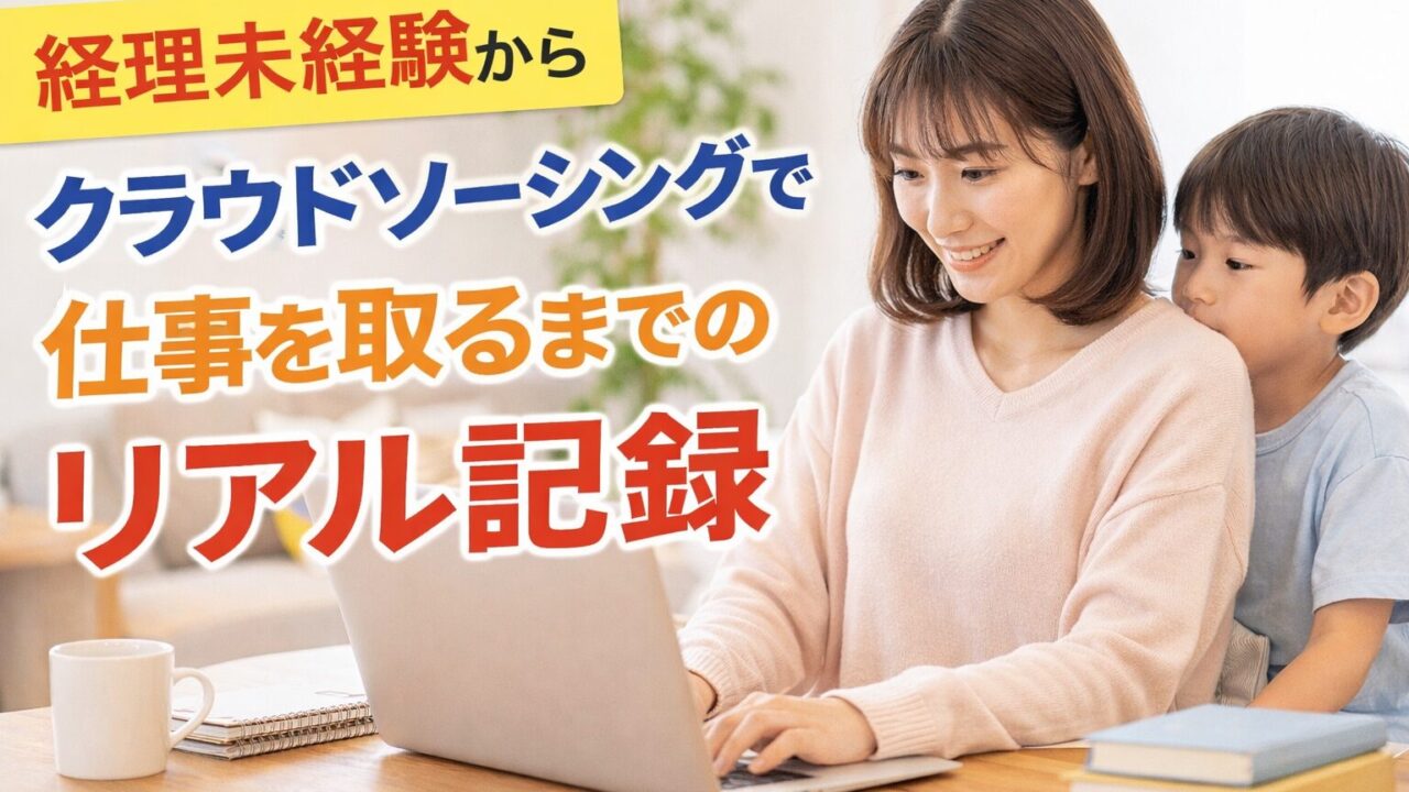 経理未経験からクラウドソーシングで仕事獲得を目指す子育て中の女性が、自宅でノートパソコンに向かっている様子