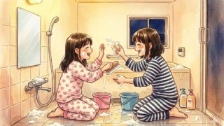 子どもたちが楽しそうにお風呂掃除をしている様子