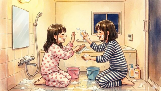 子どもたちが楽しそうにお風呂掃除をしている様子