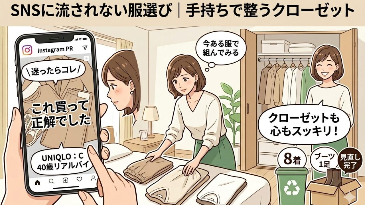SNSの服PRに迷いながらも手持ちの服を見直し、クローゼットを整理してスッキリする女性のイラスト