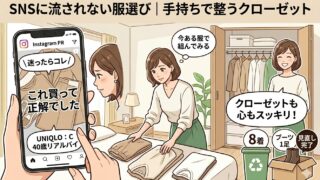 SNSの服PRに迷いながらも手持ちの服を見直し、クローゼットを整理してスッキリする女性のイラスト