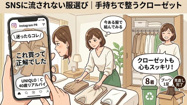 SNSの服PRに迷いながらも手持ちの服を見直し、クローゼットを整理してスッキリする女性のイラスト