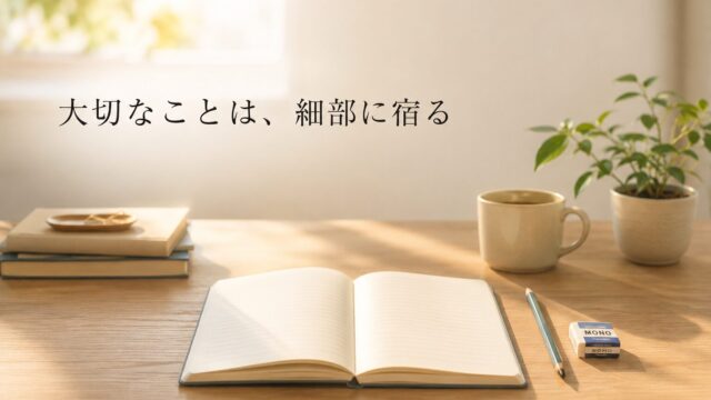 朝日が差し込む机の上に、ノート、鉛筆、消しゴムが丁寧に整えられた様子。「大切なことは、細部に宿る」を表現したアイキャッチ画像